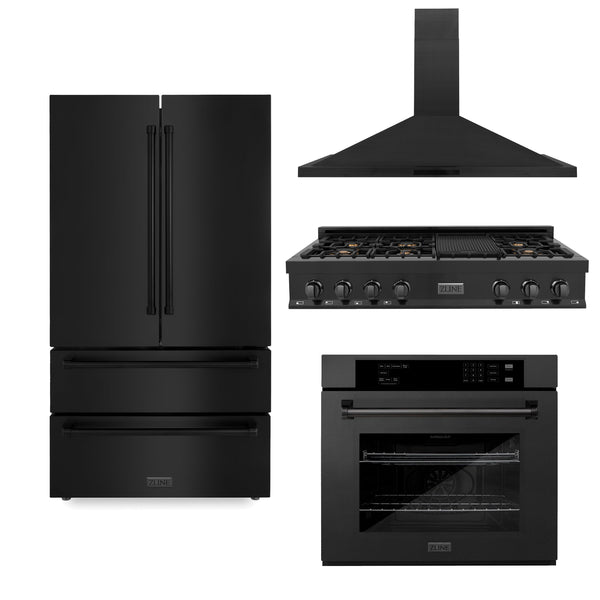 ZLINE Appliance Package | 48" Rangetop, Range Hood, 30" Single Wall Oven, 36" Refrigerator | Black Stainless Steel | 4KPR-RTBRH48-AWS