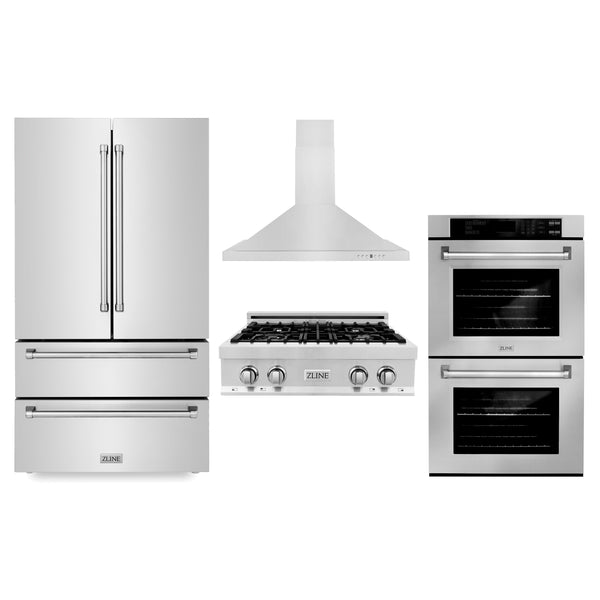 30" ZLINE Appliances Package with Refrigeration, 30" Stainless Steel Rangetop, 30" Range Hood and 30" Double Wall Oven (4KPR-RTRH30-AWD)