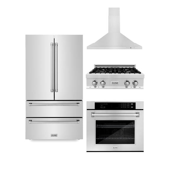 30" ZLINE Appliances Package with Refrigeration, 30" Stainless Steel Rangetop, 30" Range Hood and 30" Single Wall Oven (4KPR-RTRH30-AWS)