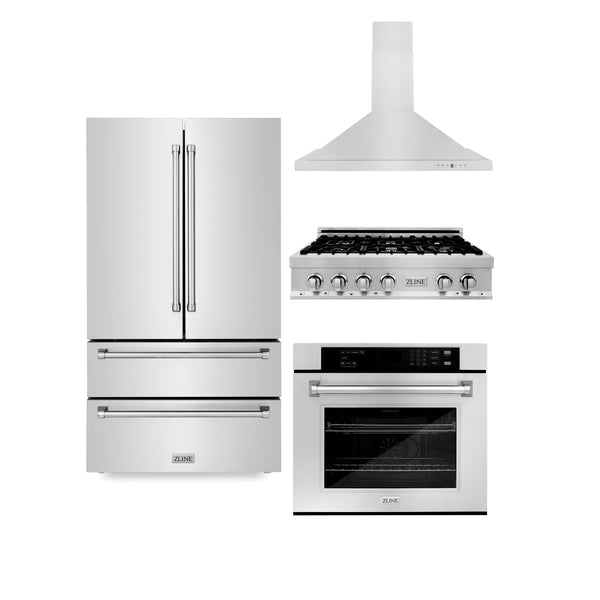 36" ZLINE Appliances Package with Refrigeration, 36" Stainless Steel Rangetop, 36" Range Hood and 30" Single Wall Oven (4KPR-RTRH36-AWS)