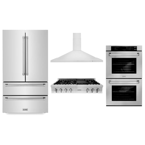 48" ZLINE Appliances Package with Refrigeration, 48" Stainless Steel Rangetop, 48" Range Hood and 30" Double Wall Oven (4KPR-RTRH48-AWD)