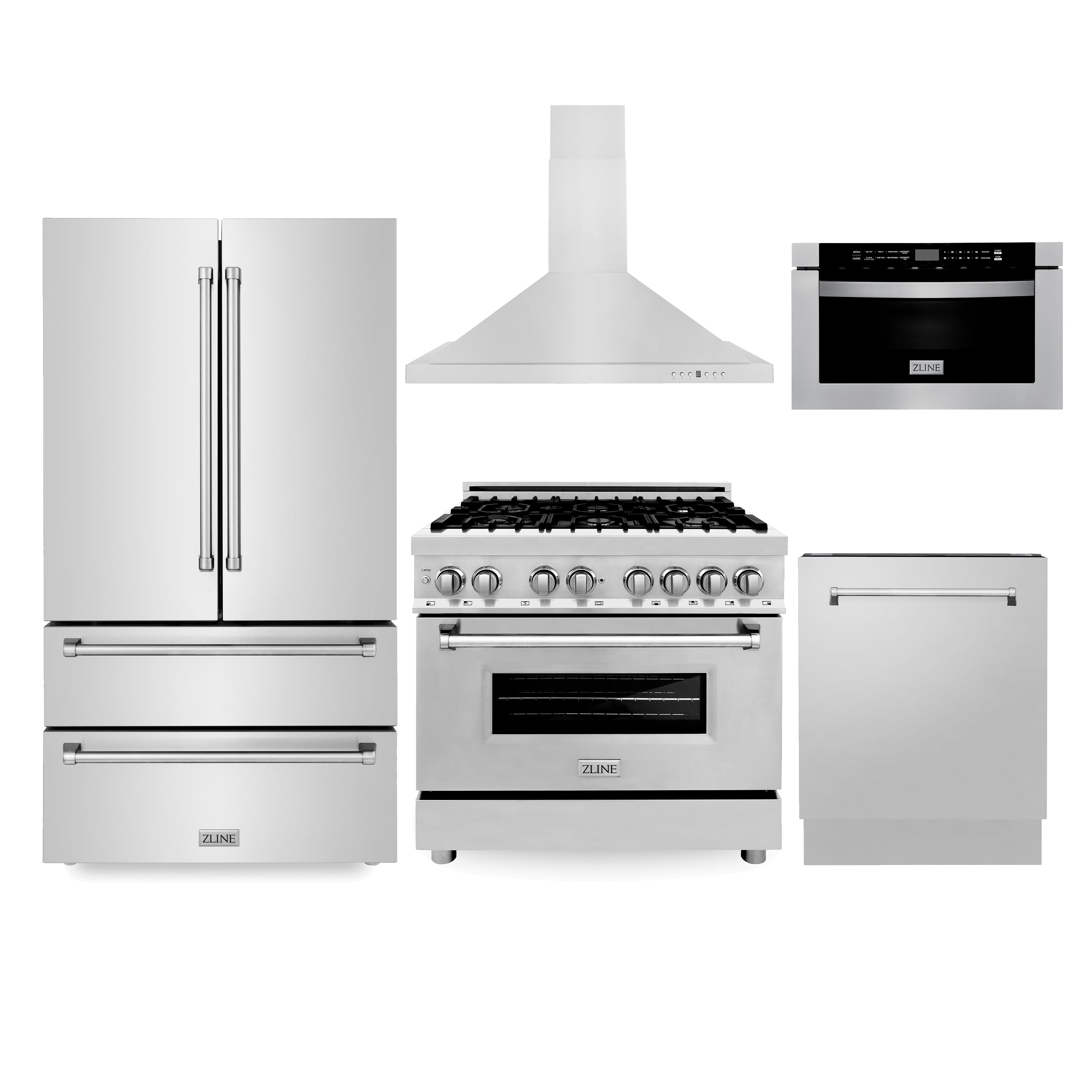 ZLINE Kitchen Package with Refrigeration, 36" Stainless Steel Dual Fuel Range, 36" Range Hood, Microwave Drawer, and 24" Tall Tub Dishwasher (5KPR-RARH36-MWDWV)