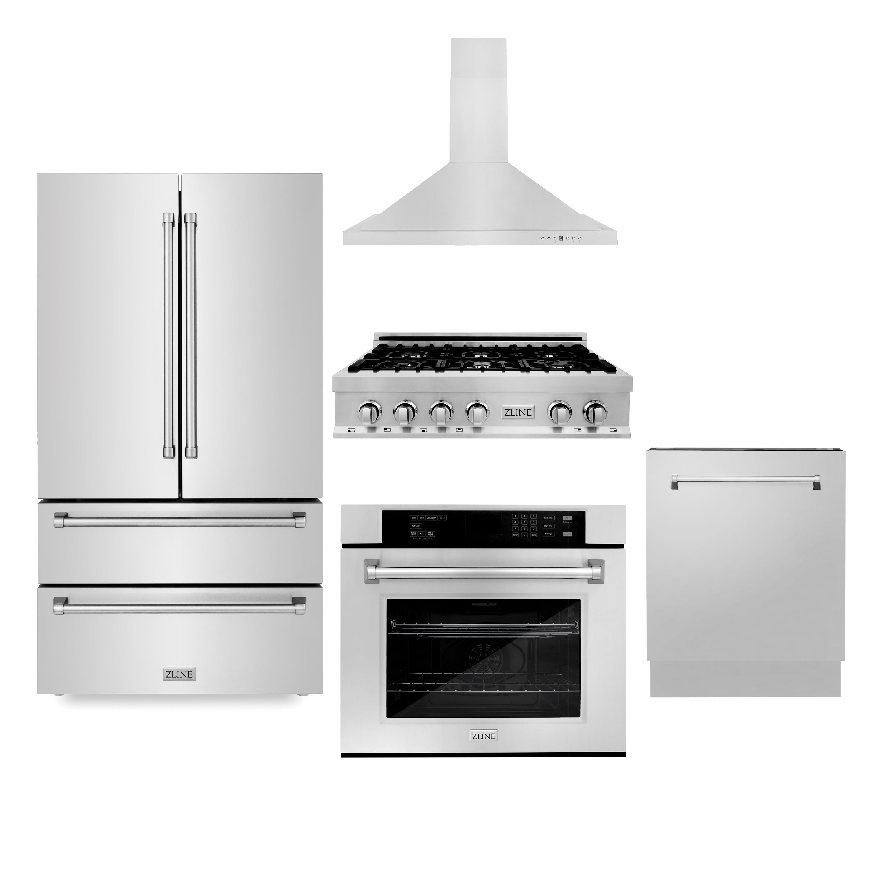 ZLINE Kitchen Package with Refrigeration, 36" Stainless Steel Rangetop, 36" Range Hood, 30" Single Wall Oven and 24" Tall Tub Dishwasher (5KPR-RTRH36-AWSDWV)