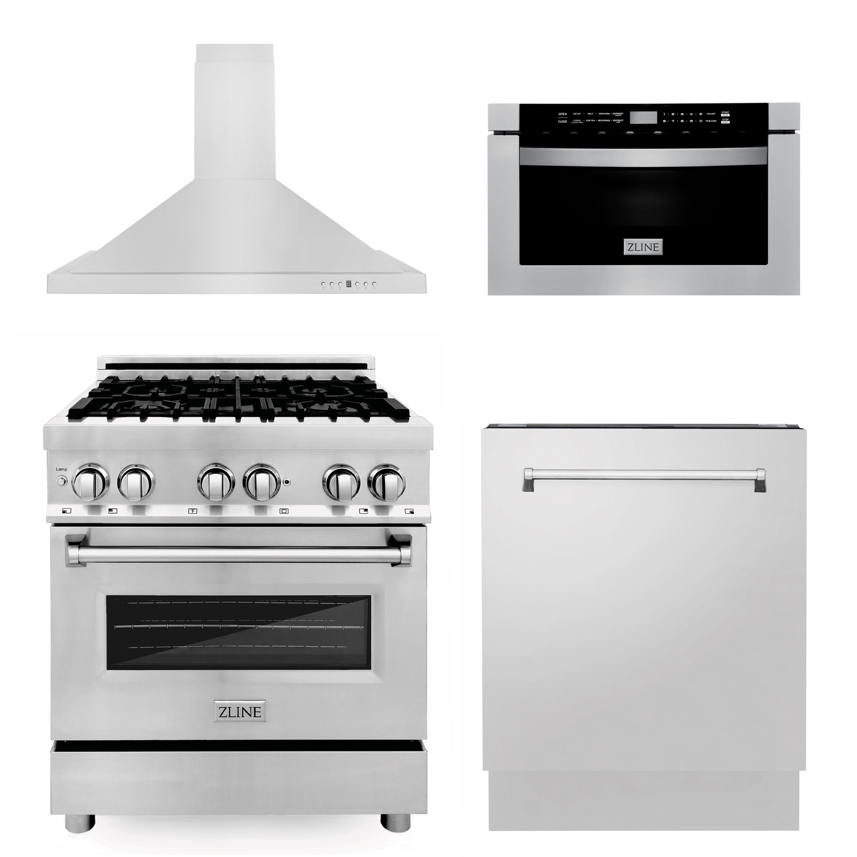 ZLINE Kitchen Appliance Package - 30" Stainless Steel Dual Fuel Range, Range Hood, Microwave Drawer and Tall Tub Dishwasher (4KP-RARH30-MWDWV)