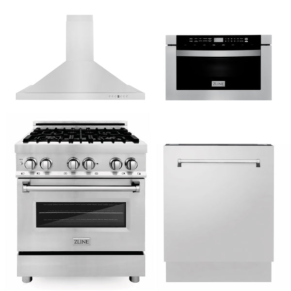 ZLINE Appliance Package | 30" Dual Fuel Range, Microwave Drawer, 3 Rack Dishwasher | 4KP-RARH30-MWDWV