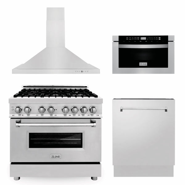 ZLINE Appliance Package | 36" Dual Fuel Range, Wall Mount Range Hood, Microwave Drawer, 3 Rack Dishwasher | 4KP-RARH36-MWDWV