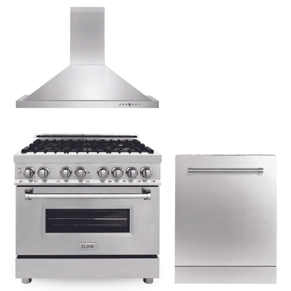 ZLINE 36" Kitchen Package with Stainless Steel Dual Fuel Range, Convertible Vent Range Hood and Dishwasher (3KP-RARH36-DW)