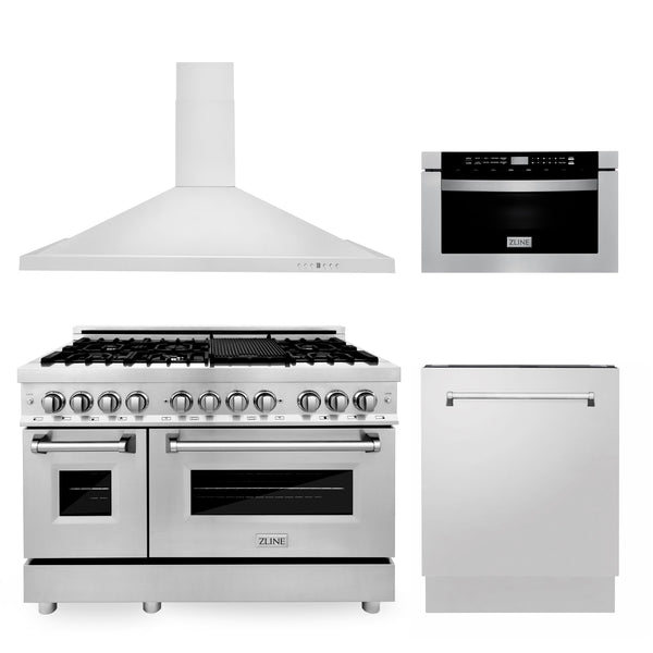 ZLINE 48" Kitchen Package with Stainless Steel Dual Fuel Range, Range Hood, Microwave Drawer and Tall Tub Dishwasher (4KP-RARH48-MWDWV)