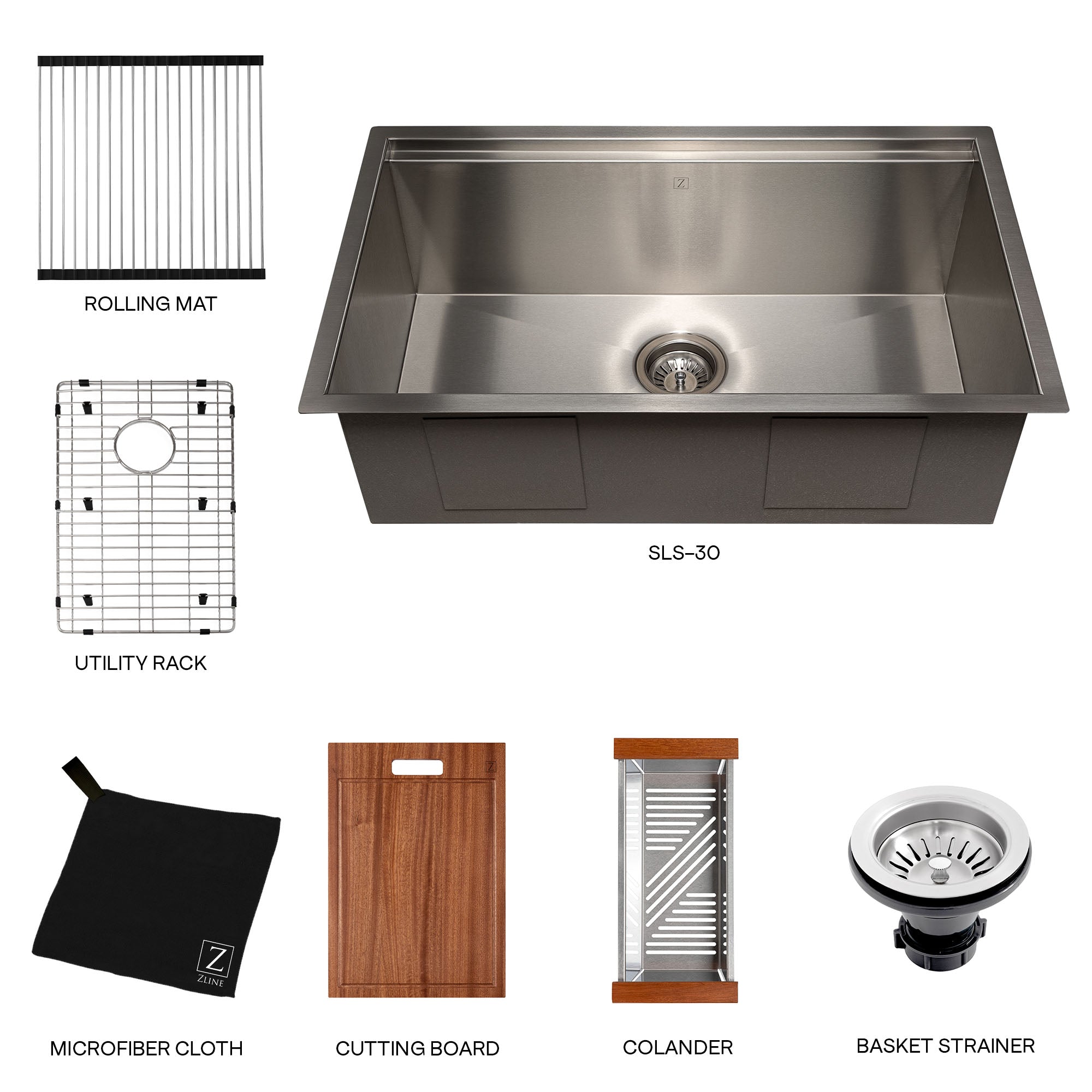 ZLINE 30" Garmisch Undermount Single Bowl Kitchen Sink with Bottom Grid and Accessories (SLS)