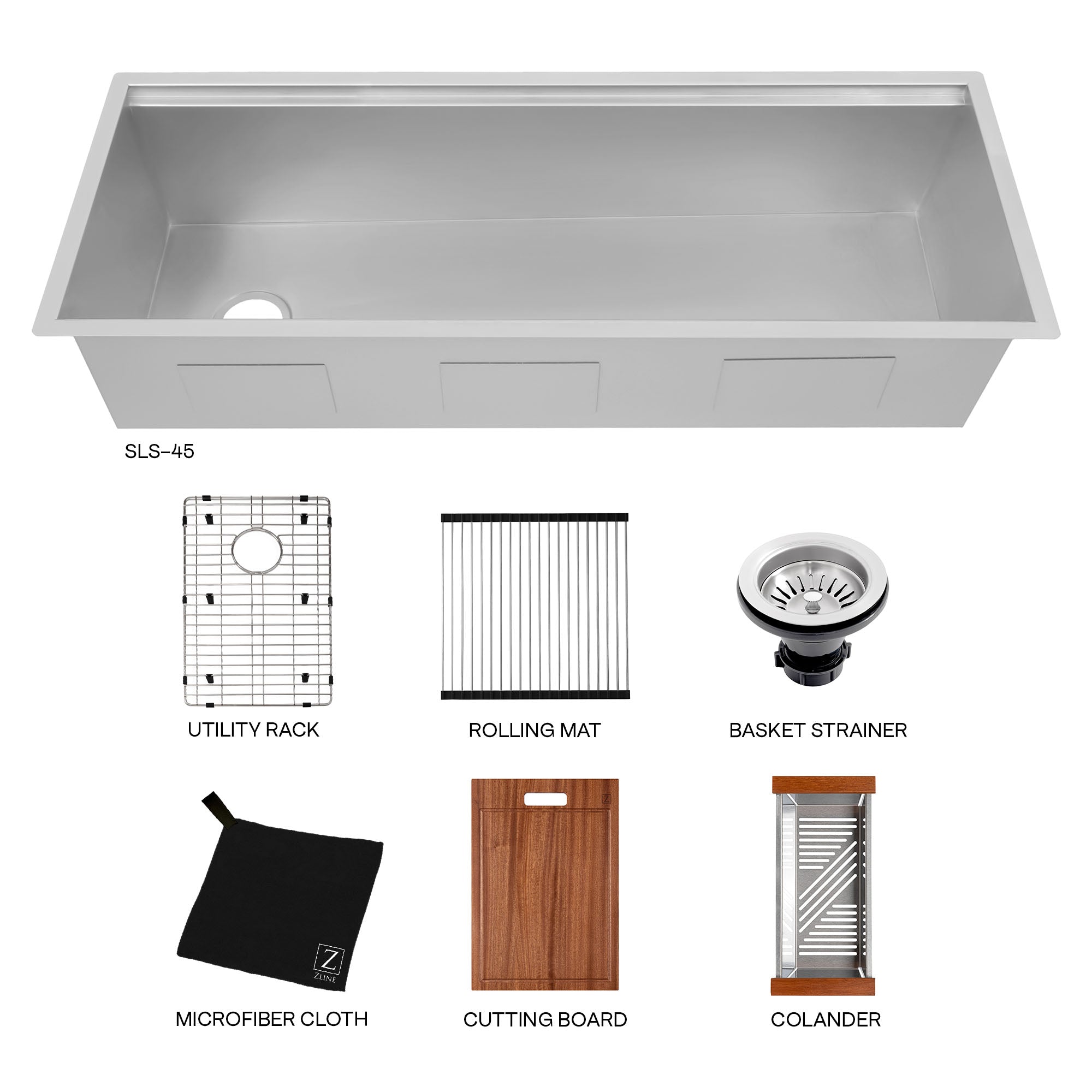 ZLINE 45" Garmisch Undermount Single Bowl Kitchen Sink with Bottom Grid and Accessories (SLS-45)