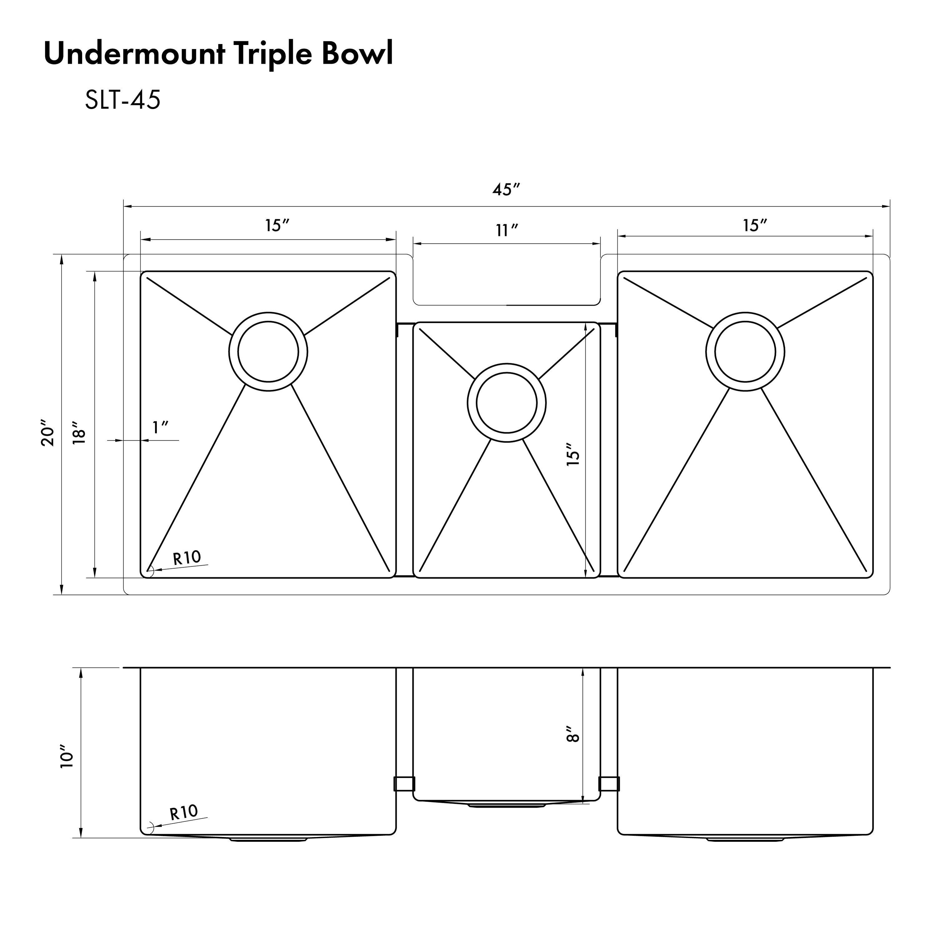 ZLINE 45" Breckenridge Undermount Triple Bowl Kitchen Sink with Bottom Grid and Accessories (SLT-45)