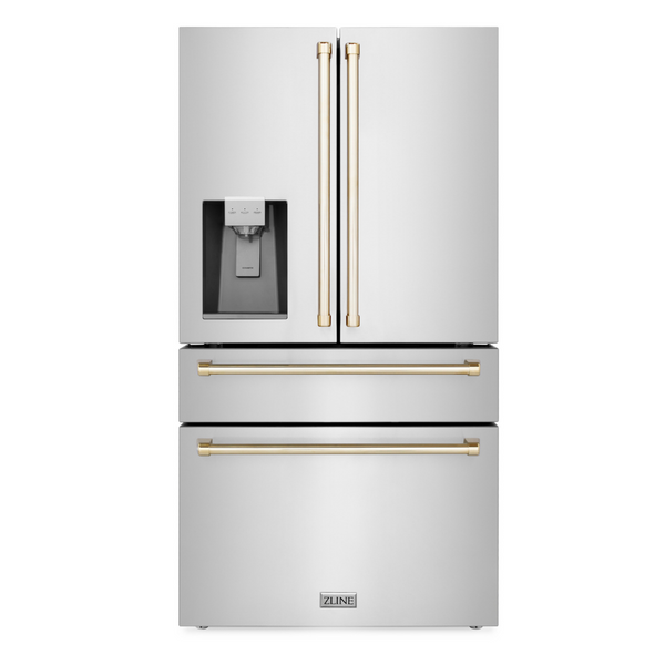 ZLINE 36" Autograph Edition 21.6 cu. ft Freestanding French Door Refrigerator with Water and Ice Dispenser in Fingerprint Resistant Stainless Steel with Accents (RFMZ-W-36)