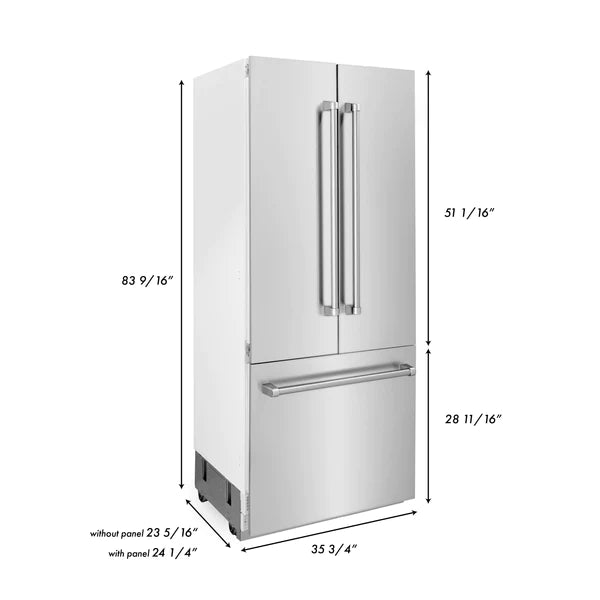 ZLINE 36" 19.6 cu. Ft. Panel Ready Built-In 3-Door French Door Refrigerator with Internal Water and Ice Dispenser (RBIV-36)