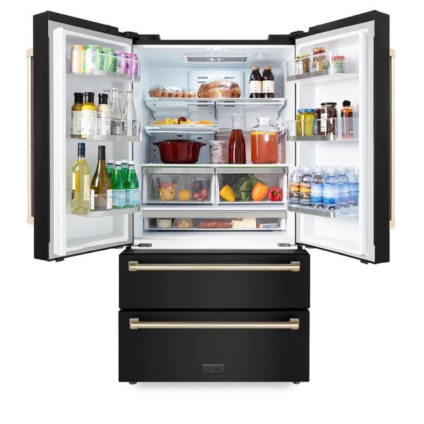 ZLINE 36" Autograph Edition 22.5 cu. ft Freestanding French Door Refrigerator with Ice Maker in Fingerprint Resistant Black Stainless Steel with Accents (RFMZ-36-BS)