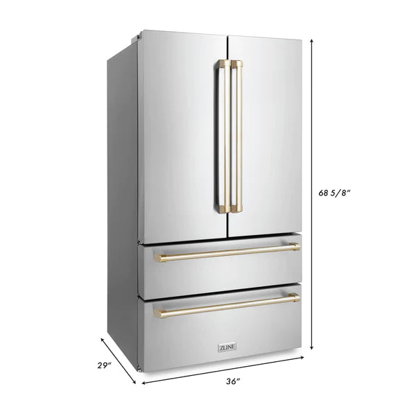 ZLINE 36" Autograph Edition 22.5 cu. ft Freestanding French Door Refrigerator with Ice Maker in Fingerprint Resistant Stainless Steel with Accents (RFMZ-36)