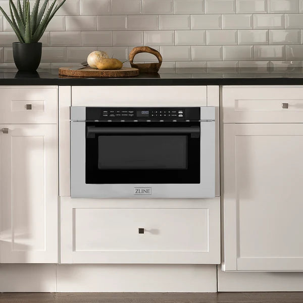 ZLINE Autograph Edition 24" 1.2 cu. ft. Built-in Microwave Drawer with a Traditional Handle in Stainless Steel and Matte Black Accents (MWDZ-1-H-MB)