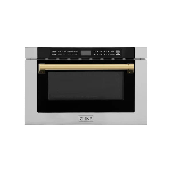 ZLINE Autograph Edition 24" 1.2 cu. ft. Built-in Microwave Drawer with a Traditional Handle in Stainless Steel and Champagne Bronze Accents (MWDZ-1-H-CB)