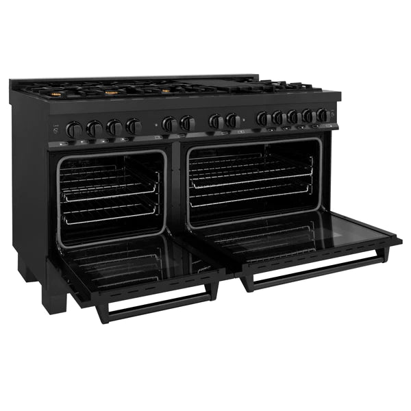 ZLINE 60" 7.4 cu. ft. Dual Fuel Range with Gas Stove and Electric Oven in Black Stainless Steel with Brass Burners (RAB-60)