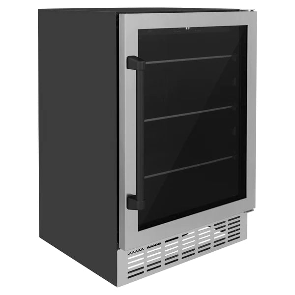 ZLINE 24" Autograph Edition 154 Can Beverage Cooler Fridge with Adjustable Shelves in Stainless Steel with Matte Black Accents (RBVZ-US-24-MB)