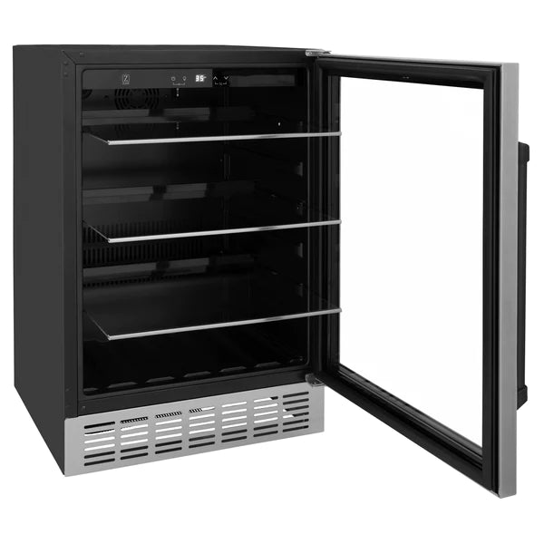 ZLINE 24" Autograph Edition 154 Can Beverage Cooler Fridge with Adjustable Shelves in Stainless Steel with Matte Black Accents (RBVZ-US-24-MB)