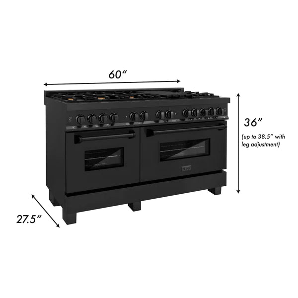 ZLINE 60" 7.4 cu. ft. Dual Fuel Range with Gas Stove and Electric Oven in Black Stainless Steel with Brass Burners (RAB-60)