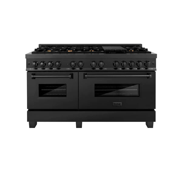 ZLINE 60" 7.4 cu. ft. Dual Fuel Range with Gas Stove and Electric Oven in Black Stainless Steel with Brass Burners (RAB-60)