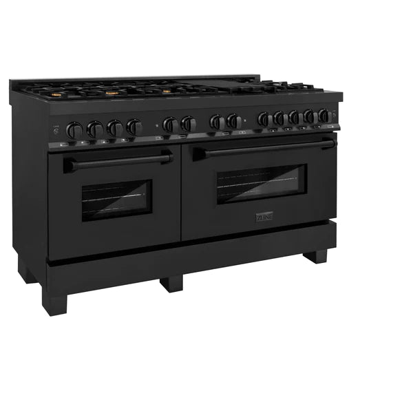 ZLINE 60" 7.4 cu. ft. Dual Fuel Range with Gas Stove and Electric Oven in Black Stainless Steel with Brass Burners (RAB-60)