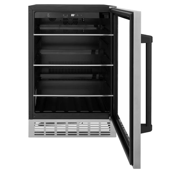 ZLINE 24" Autograph Edition 154 Can Beverage Cooler Fridge with Adjustable Shelves in Stainless Steel with Matte Black Accents (RBVZ-US-24-MB)