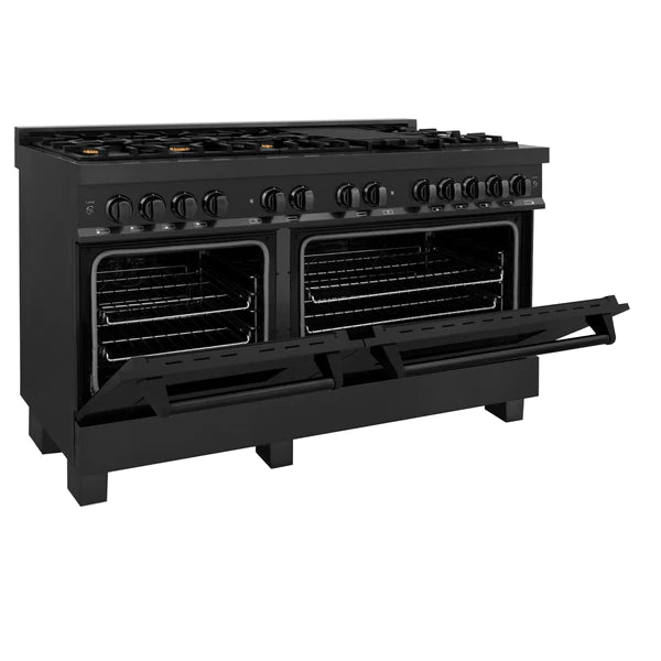 ZLINE 60" 7.4 cu. ft. Dual Fuel Range with Gas Stove and Electric Oven in Black Stainless Steel with Brass Burners (RAB-60)