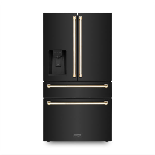 ZLINE 36" Autograph Edition 21.6 cu. ft Freestanding French Door Refrigerator with Water and Ice Dispenser in Fingerprint Resistant Black Stainless Steel with Accents (RFMZ-W-36-BS)