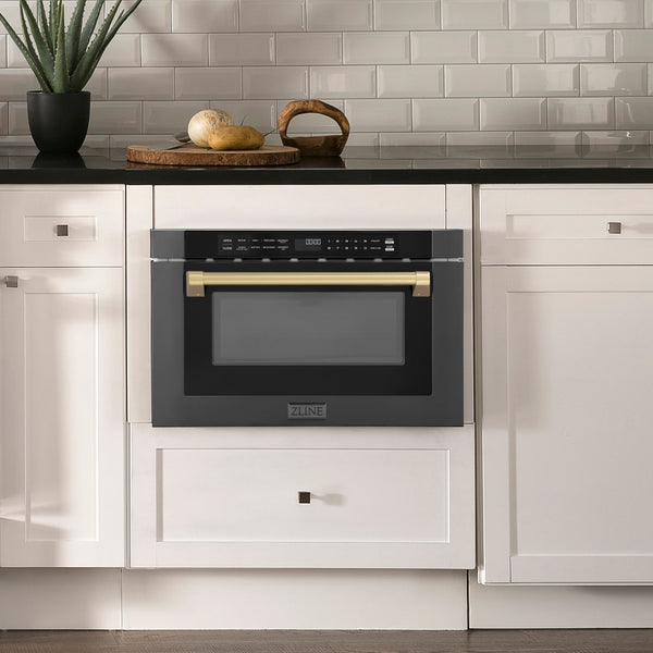 ZLINE Autograph Edition 24" 1.2 cu. ft. Built-in Microwave Drawer in Black Stainless Steel and Champagne Bronze Accents (MWDZ-1-BS-H-CB)