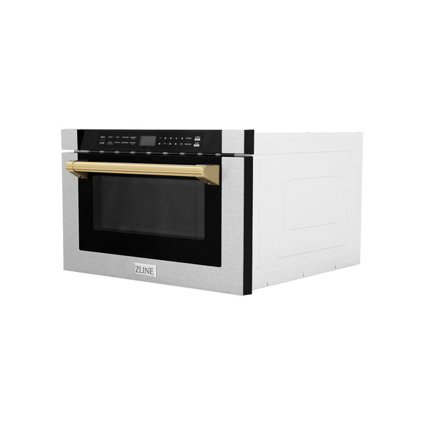 Autograph Edition Microwave Drawer with Traditional Handle in DuraSnow and Gold (MWDZ-1-SS-H-G)