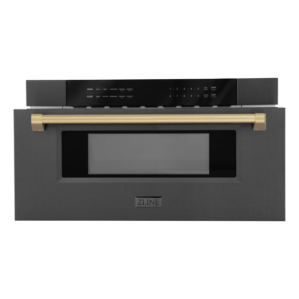 ZLINE Autograph Edition 30" 1.2 cu. ft. Built-in Microwave Drawer in Black Stainless Steel and Champagne Bronze Accents (MWDZ-30-BS-CB)