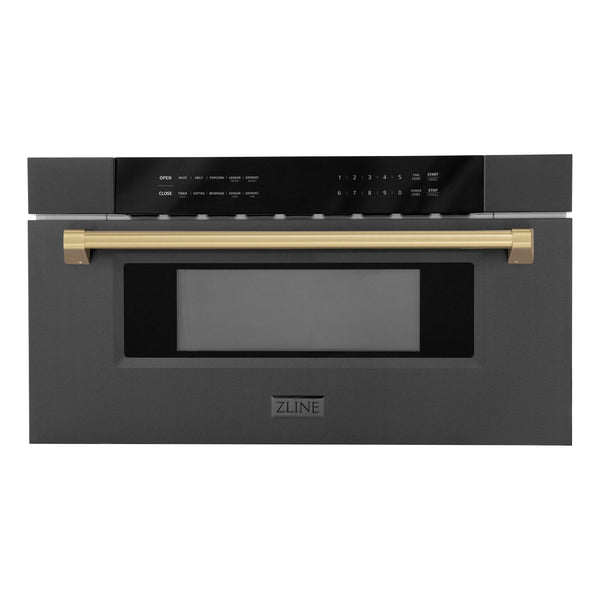 ZLINE Autograph Edition 30" 1.2 cu. ft. Built-in Microwave Drawer in Black Stainless Steel and Champagne Bronze Accents (MWDZ-30-BS-CB)