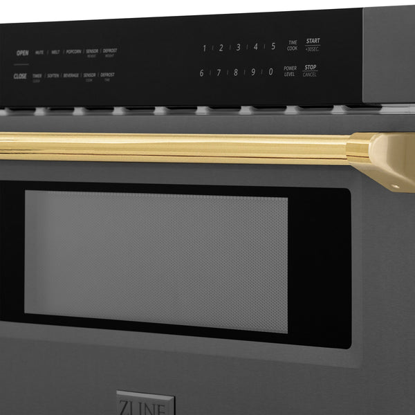 ZLINE Autograph Edition 30" 1.2 cu. ft. Built-in Microwave Drawer in Black Stainless Steel and Gold Accents (MWDZ-30-BS-G)