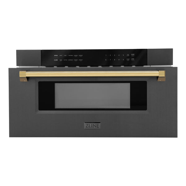 ZLINE Autograph Edition 30" 1.2 cu. ft. Built-in Microwave Drawer in Black Stainless Steel and Gold Accents (MWDZ-30-BS-G)