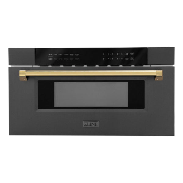 ZLINE Autograph Edition 30" 1.2 cu. ft. Built-in Microwave Drawer in Black Stainless Steel and Gold Accents (MWDZ-30-BS-G)