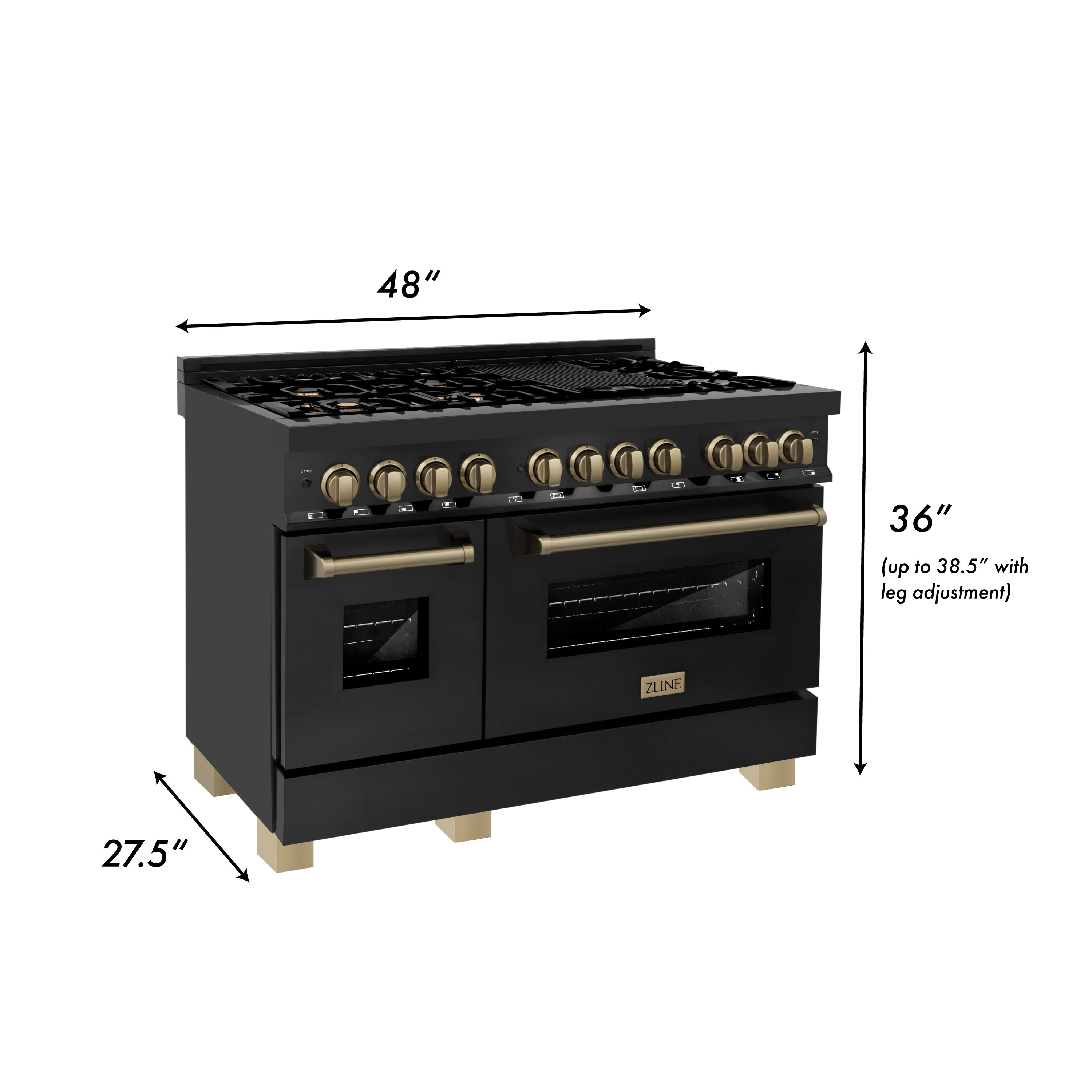 ZLINE Autograph Edition 48" 6.0 cu. ft. Dual Fuel Range with Gas Stove and Electric Oven in Black Stainless Steel with Accents (RABZ-48)