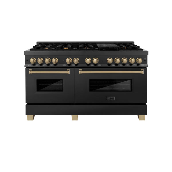 ZLINE Autograph Edition 60" 7.4 cu. ft. Dual Fuel Range with Gas Stove and Electric Oven in Black Stainless Steel with Accents (RABZ-60)