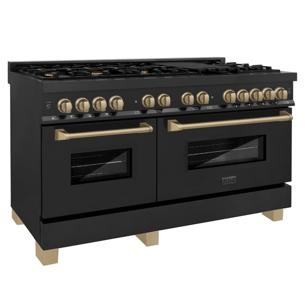 ZLINE Autograph Edition 60" 7.4 cu. ft. Dual Fuel Range with Gas Stove and Electric Oven in Black Stainless Steel with Accents (RABZ-60)