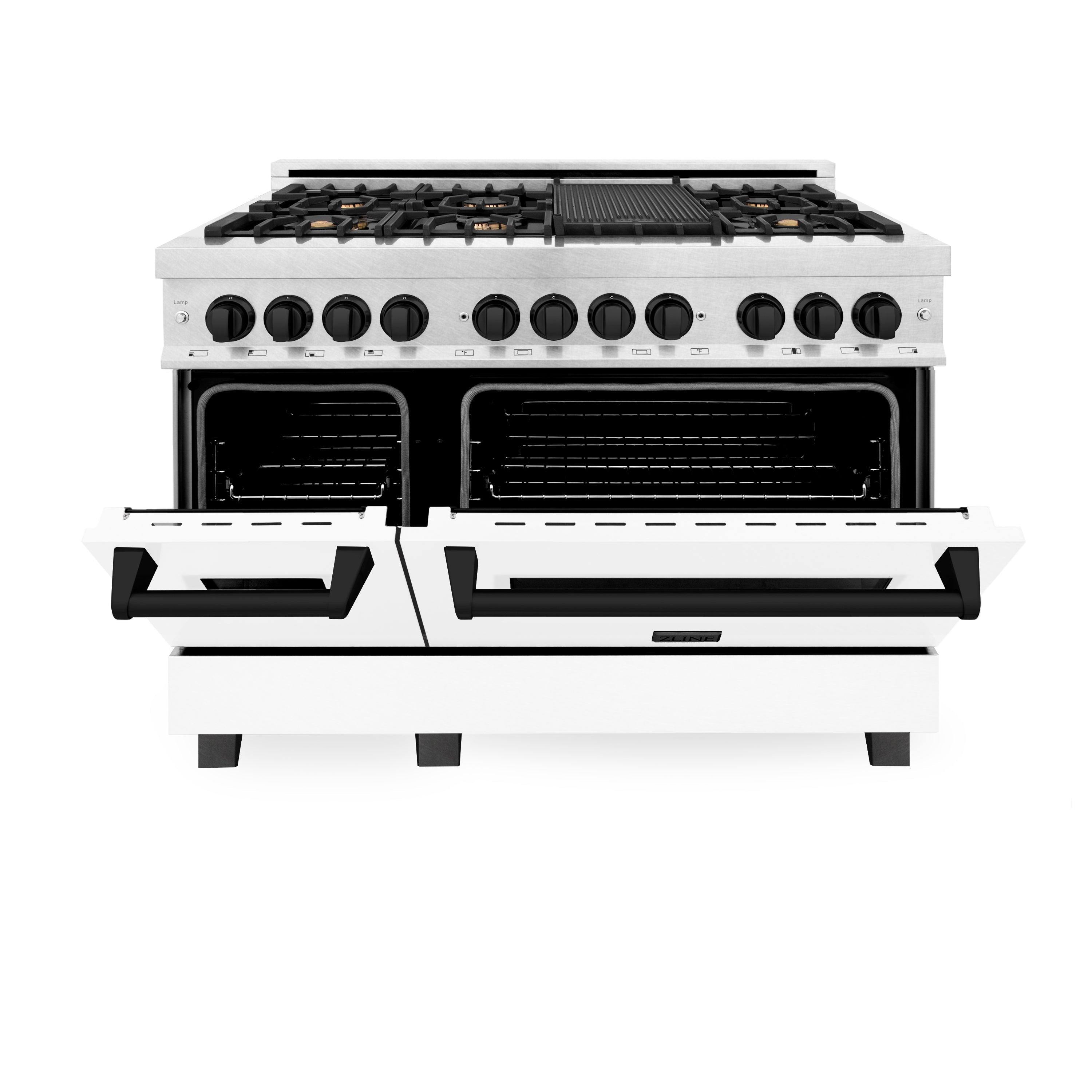 ZLINE Autograph Edition 48" 6.0 cu. ft. Dual Fuel Range with Gas Stove and Electric Oven in DuraSnow® Stainless Steel with White Matte Door and Accents (RASZ-WM-48)