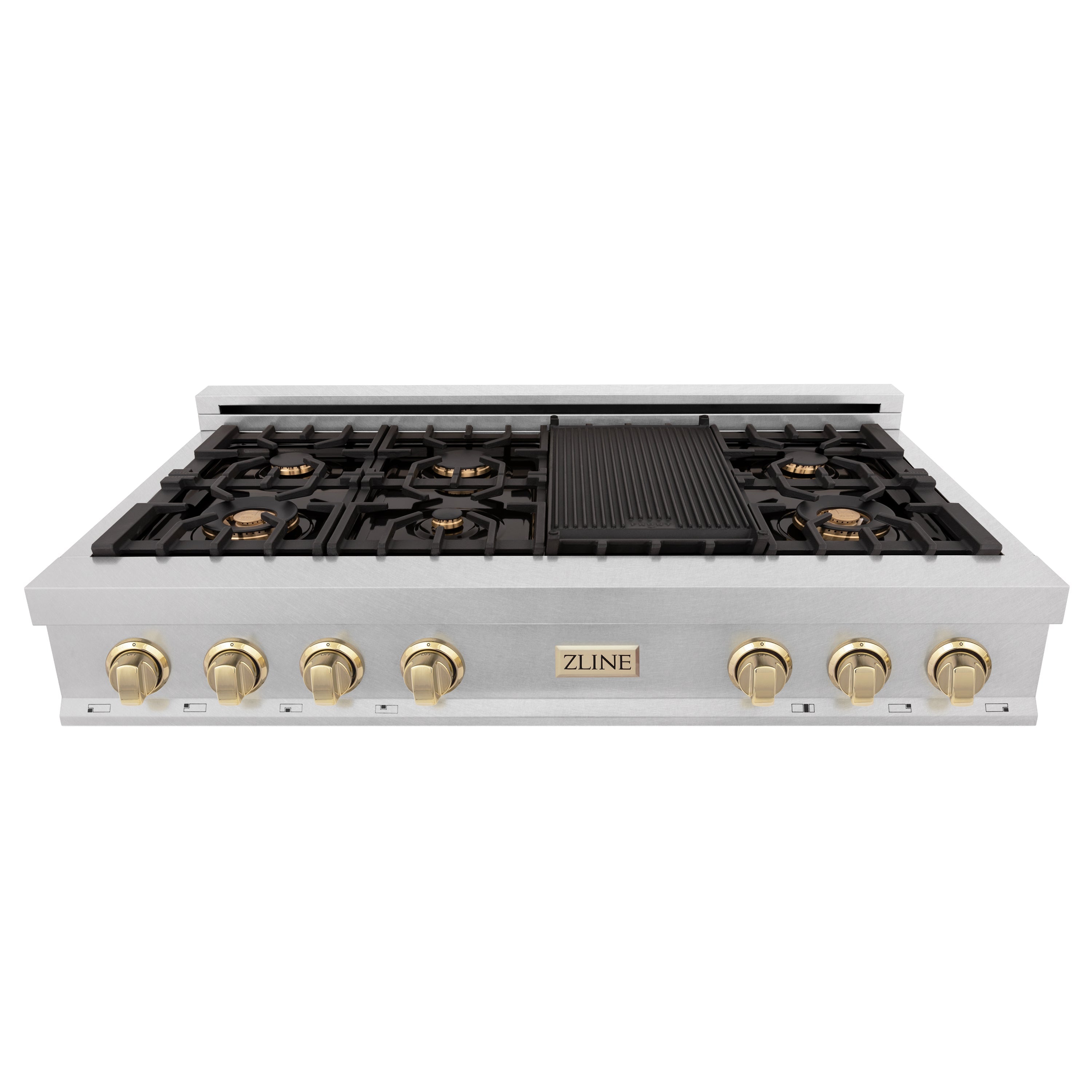 ZLINE Autograph Edition 48" Porcelain Rangetop with 7 Gas Burners in DuraSnow® Stainless Steel and Accents (RTSZ-48)