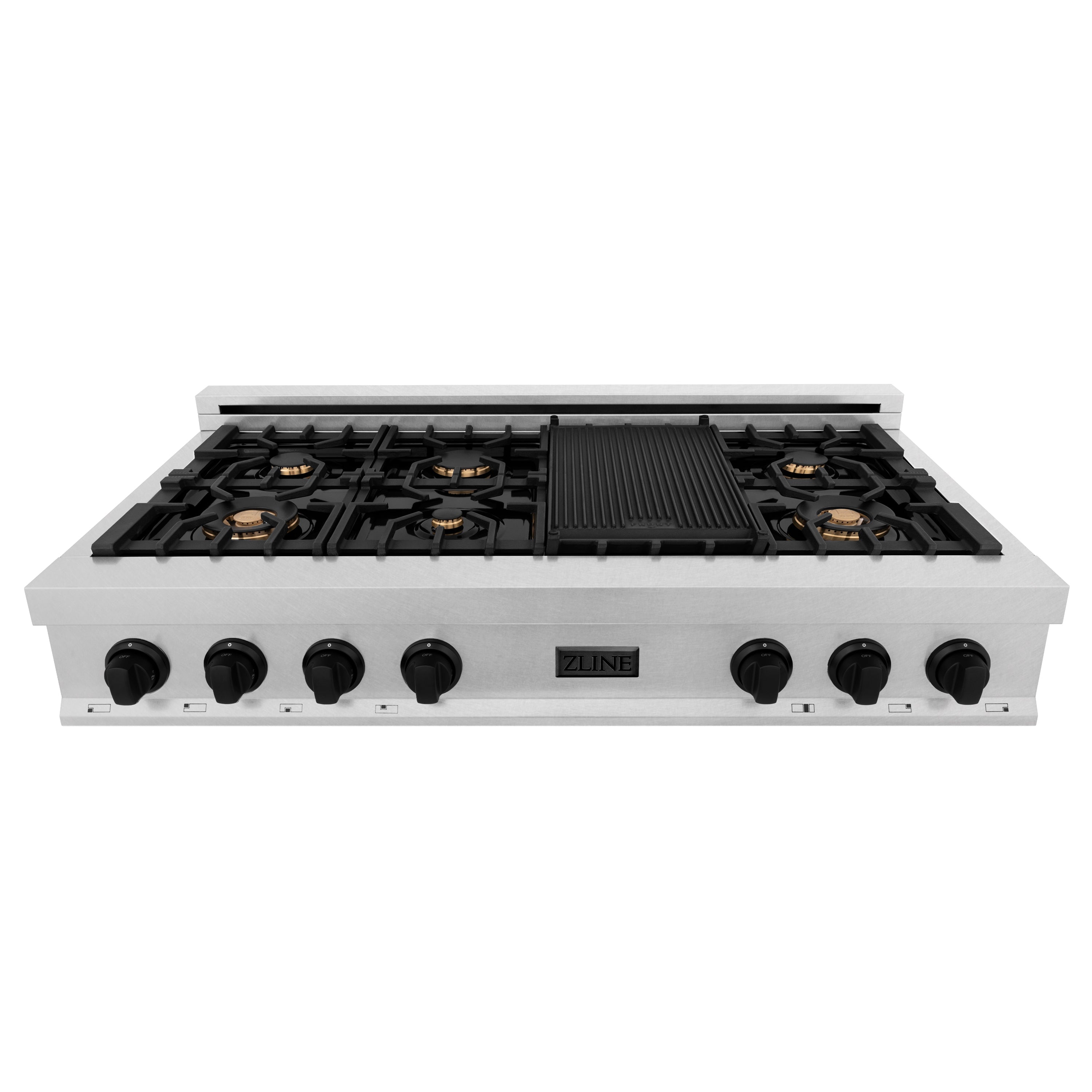 ZLINE Autograph Edition 48" Porcelain Rangetop with 7 Gas Burners in DuraSnow® Stainless Steel and Accents (RTSZ-48)