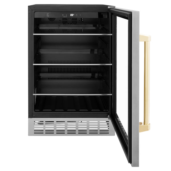 ZLINE 24" Autograph Edition 154 Can Beverage Cooler Fridge with Adjustable Shelves in Stainless Steel with Gold Accents (RBVZ-US-24-G)