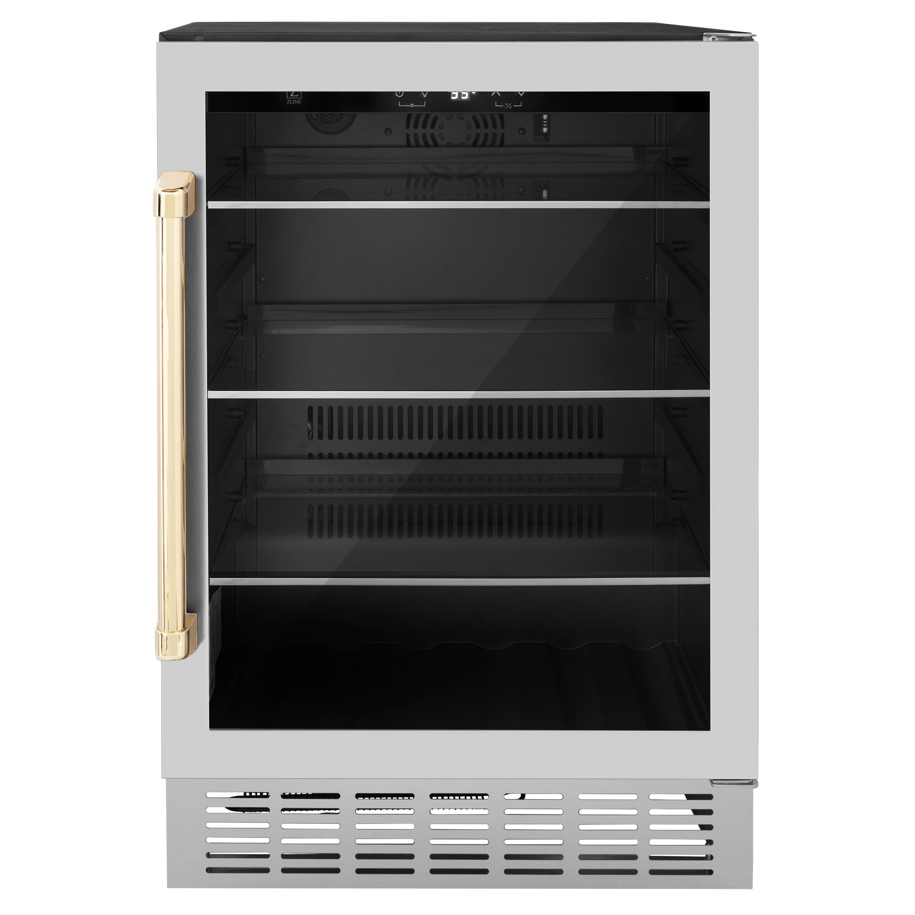 ZLINE 24" Autograph Edition 154 Can Beverage Cooler Fridge with Adjustable Shelves in Stainless Steel with Gold Accents (RBVZ-US-24-G)