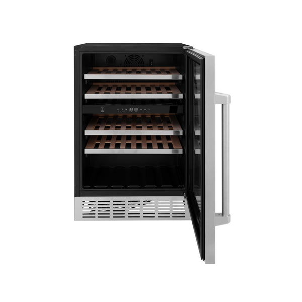 ZLINE 24" Dual Zone 44-Bottle Wine Cooler in Stainless Steel with Wood Shelf (RWV-UD-24)