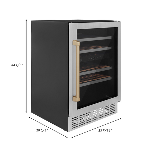 ZLINE 24" Autograph Edition Dual Zone 44-Bottle Wine Cooler in Stainless Steel with Wood Shelf and Champagne Bronze Accents (RWVZ-UD-24-CB)