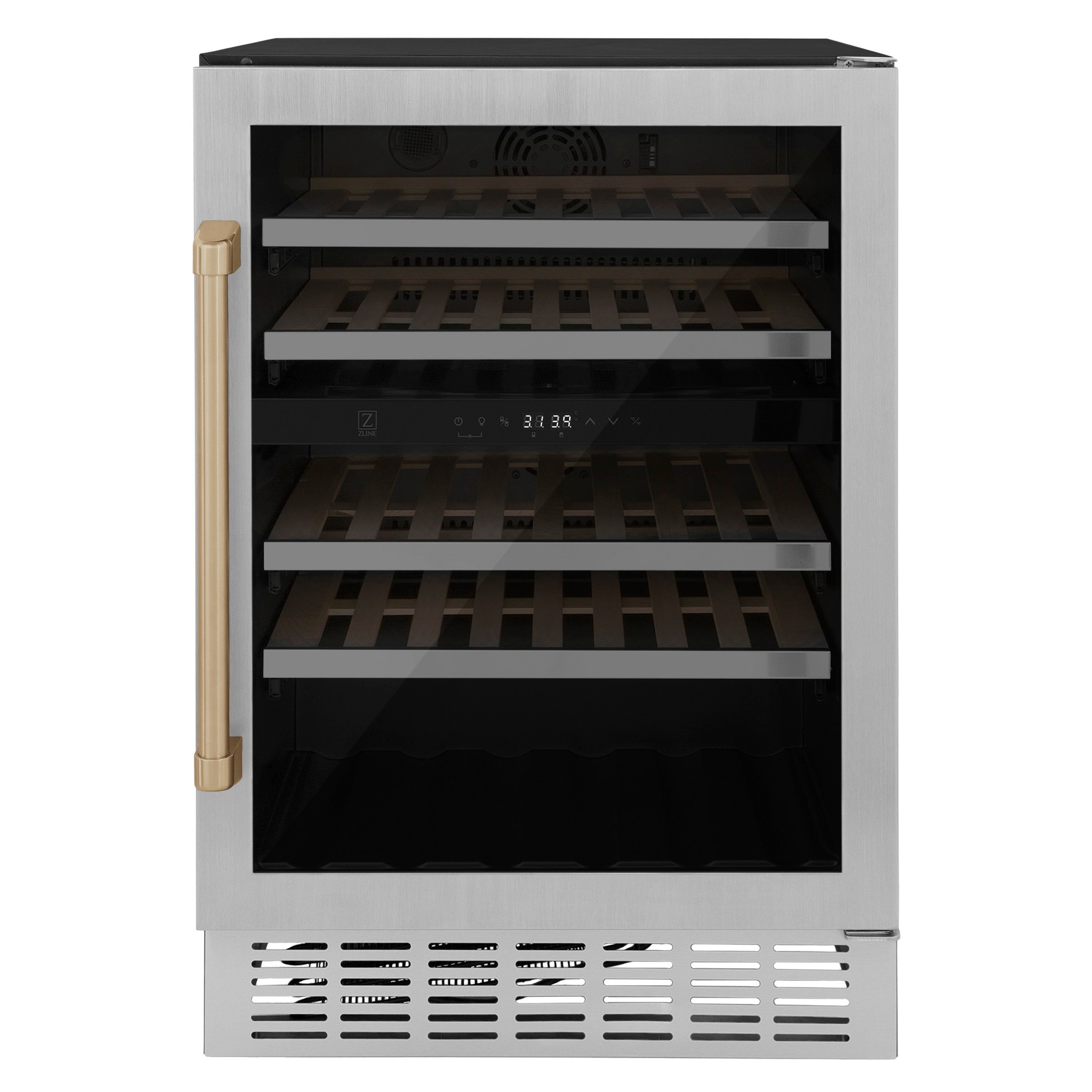 ZLINE 24" Autograph Edition Dual Zone 44-Bottle Wine Cooler in Stainless Steel with Wood Shelf and Champagne Bronze Accents (RWVZ-UD-24-CB)