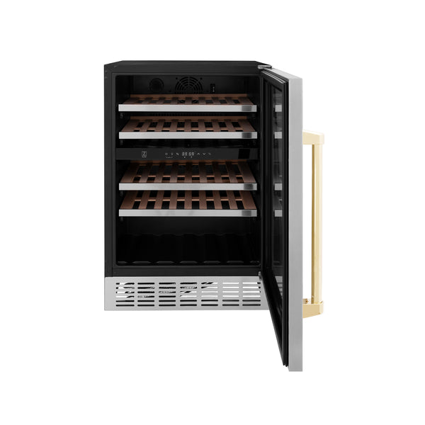 ZLINE 24" Autograph Edition Dual Zone 44-Bottle Wine Cooler in Stainless Steel with Wood Shelf and Gold Accents (RWVZ-UD-24-G)