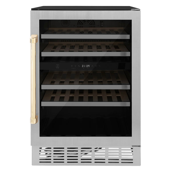 ZLINE 24" Autograph Edition Dual Zone 44-Bottle Wine Cooler in Stainless Steel with Wood Shelf and Gold Accents (RWVZ-UD-24-G)